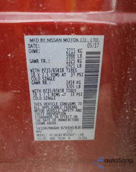 2017 Nissan Pathfinder S из США, поврежденный, VIN 5N1DR2MN6HC690688